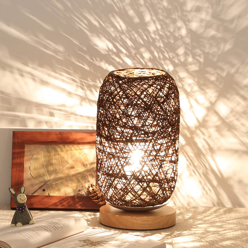 Woven Rattan Table Lamp with Wood Base & Metal Frame – Plug-In LED Desk Light for Bedroom, Living Room & Office