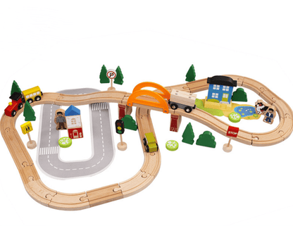 78-Piece Wooden Train Set with Tracks & Town Accessories for Kids | Storage Box Included | Pretend Play Railway Kit for Toddlers Ages 3+