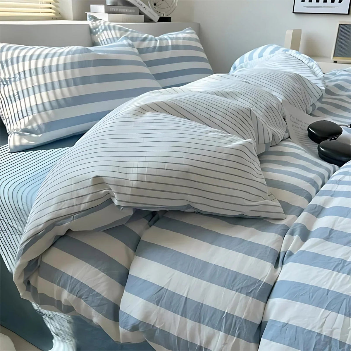 Striped Linen Bed Set King Queen Double Twin Hotel Quality Comforter Cover Fitted Sheet Pillowcases Neutral Bedroom Essentials for Modern &