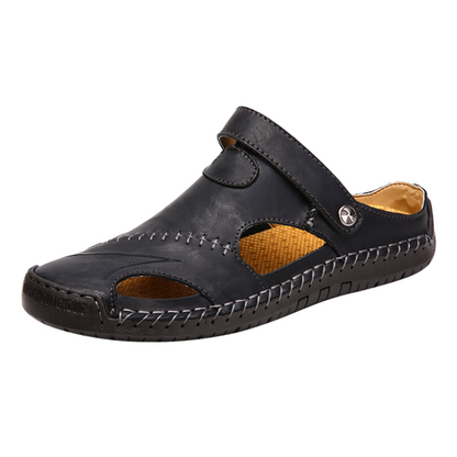 Men's Leather Slide Sandals – Closed Toe Slip-On with Orthopedic Support & Non-Slip Sole for Summer, Casual Wear, Travel & Vacation