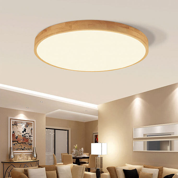 Slim Profile Round Wood Ceiling Light Fixture with Integrated LED – Modern Flush Mount in Natural Beige Finish for Bedroom, Living Room &