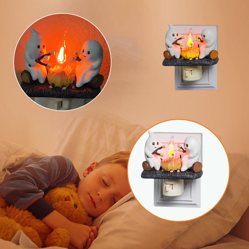 Flickering Campfire Ghost Night Light LED Resin Figurine for Kids Bedrooms Halloween Decor Ambient Lighting Whimsical Tabletop Lamp