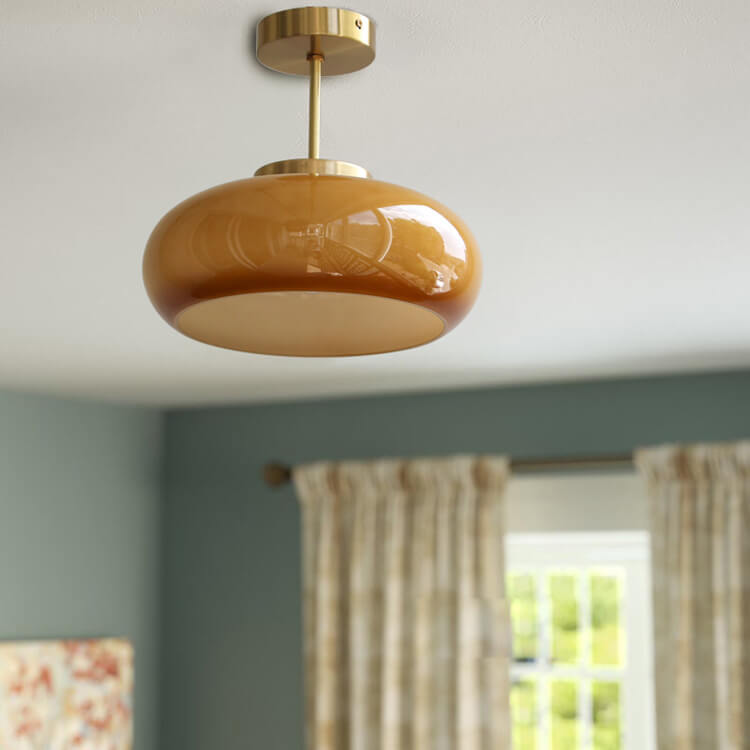 Semi-Flush Mount Golden Amber Glass Fixture 11 inch Antique Brass Finish for Bedrooms Living Rooms Hallways Vintage Style Overhead Light E26