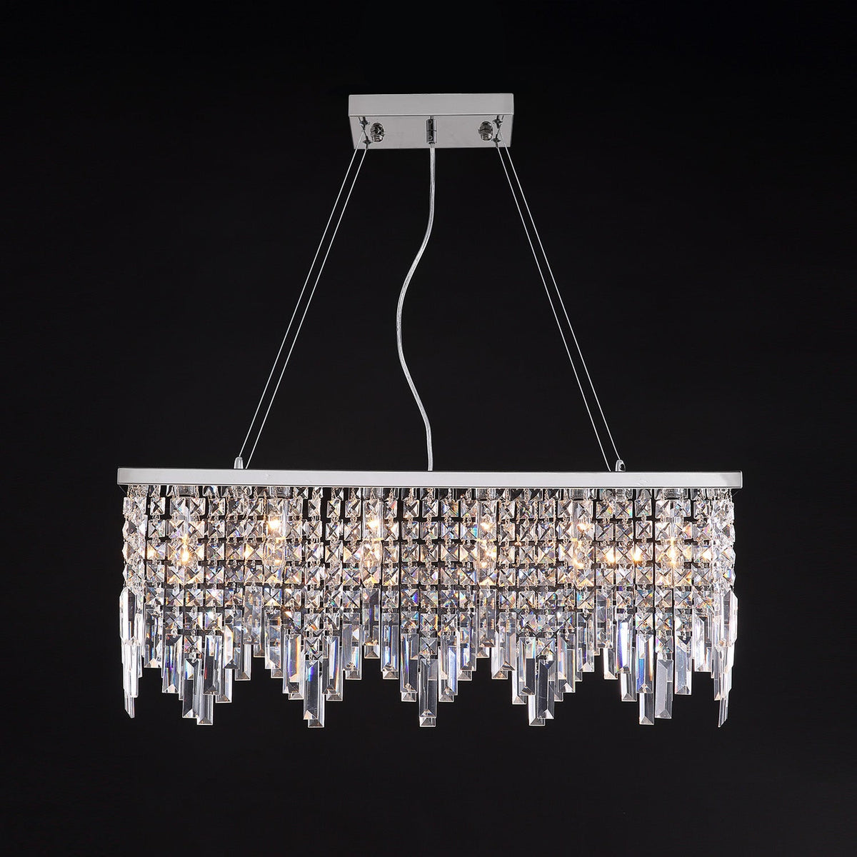 Linear Crystal Pendant Light Fixture Modern Dining Room Chandelier Stainless Steel Frame E12 Candelabra Base Adjustable Hanging Height for