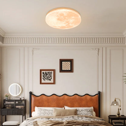 Round Flush Mount LED Fixture Moon Surface Wood & Acrylic 19 in Diameter Low Profile for Bedroom Living Room Hallway Ambient Lighting Japand