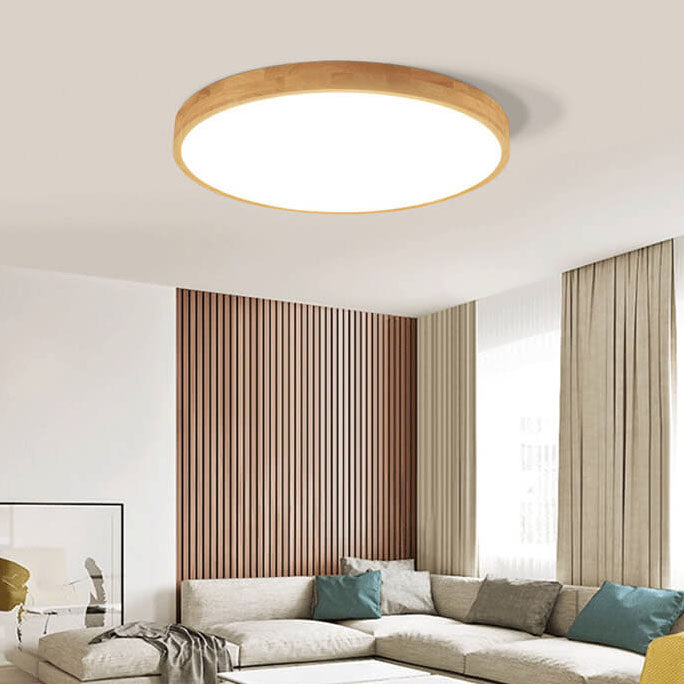 Slim Profile Round Wood Ceiling Light Fixture with Integrated LED – Modern Flush Mount in Natural Beige Finish for Bedroom, Living Room &