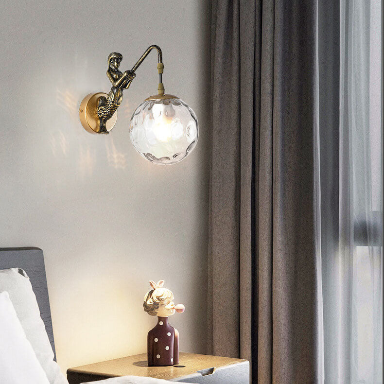Mermaid Glass Globe Wall Light Fixture Metal Resin Single Sconce Coastal Décor for Bedroom Living Room Hallway Bathroom E26 Hardwired