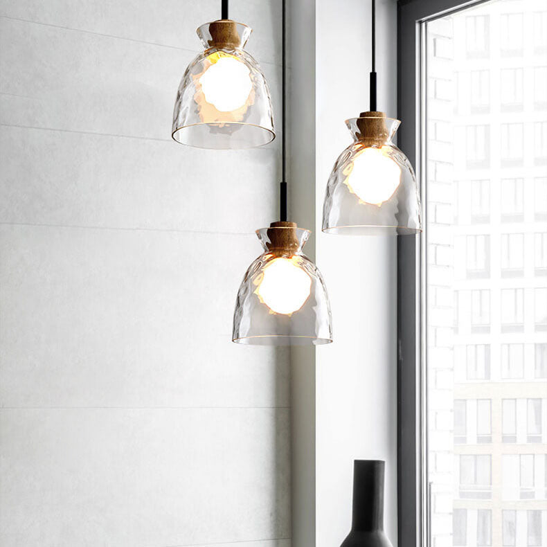 Clear Glass Pendant Light with Wood Accent E26 Socket for Kitchen Island Dining Room Bedroom Ceiling Fixture Hardwired Hanging Lamp