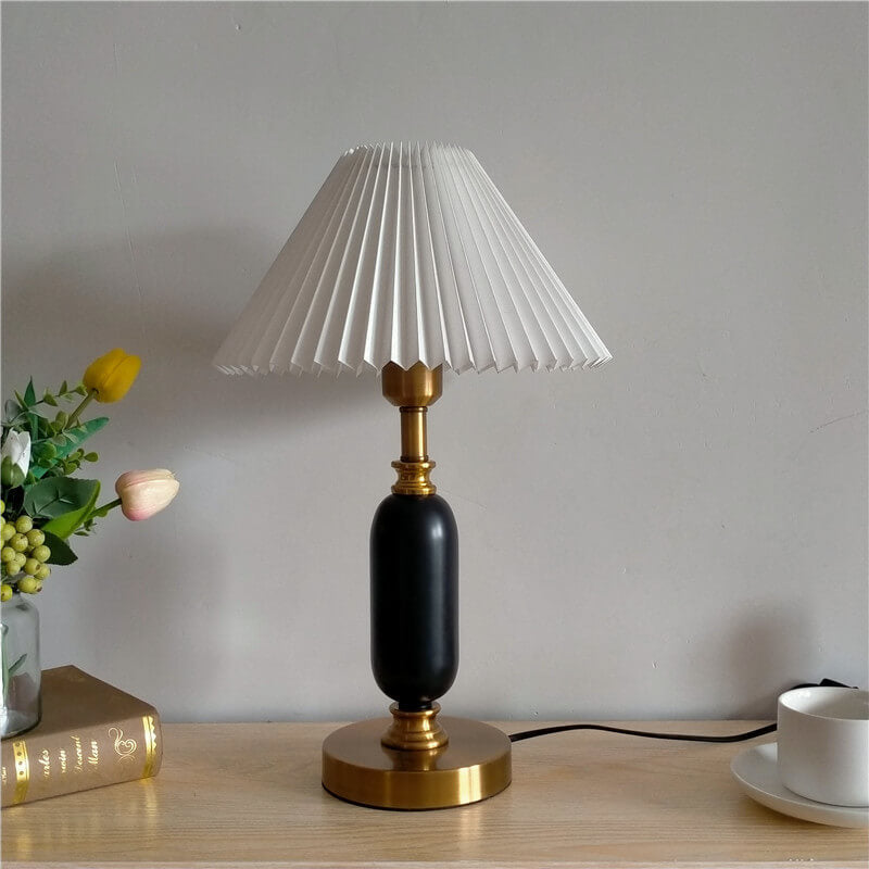 Metal Desk Lamp with Pleated Shade 18 in Tall E12 Socket Plug-In for Bedroom Nightstand Office Study Living Room Reading Light Contemporary