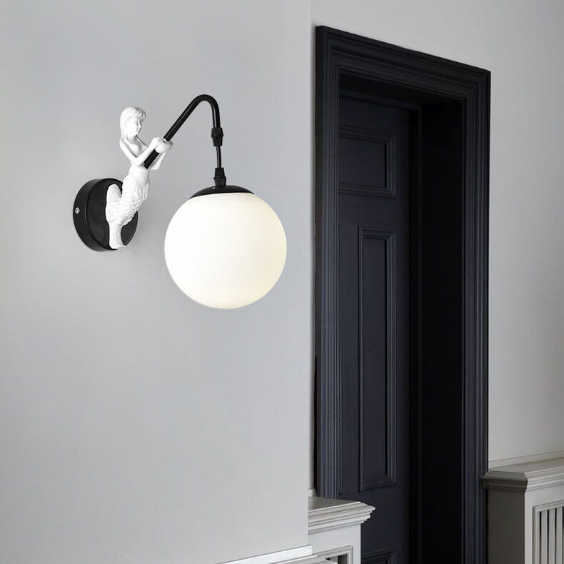 Mermaid Glass Globe Wall Light Fixture Metal Resin Single Sconce Coastal Décor for Bedroom Living Room Hallway Bathroom E26 Hardwired