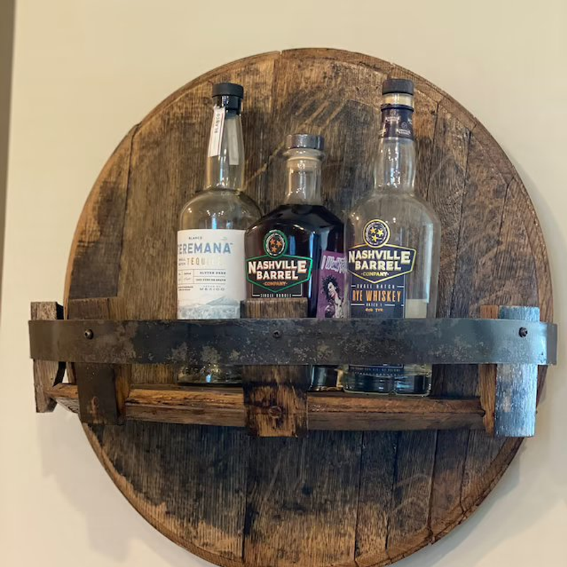 Round Barrel Wall Shelf – Solid Wood Floating Display for Bottles & Decor – Rustic Storage for Home Bar, Kitchen & Living Room