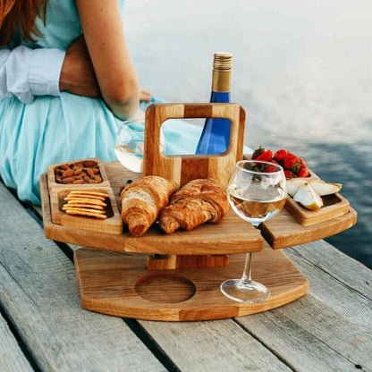 Portable Wine & Snack Tray with Carry Handle for Outdoor Picnics, Beach Days, Park Outings & Patio Gatherings | Solid Wood Serving Caddy