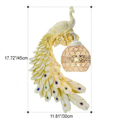 Crystal Globe Peacock Wall Light Fixture Decorative Resin Single Bulb Sconce for Bedroom Living Room Hallway Entryway Home Decor