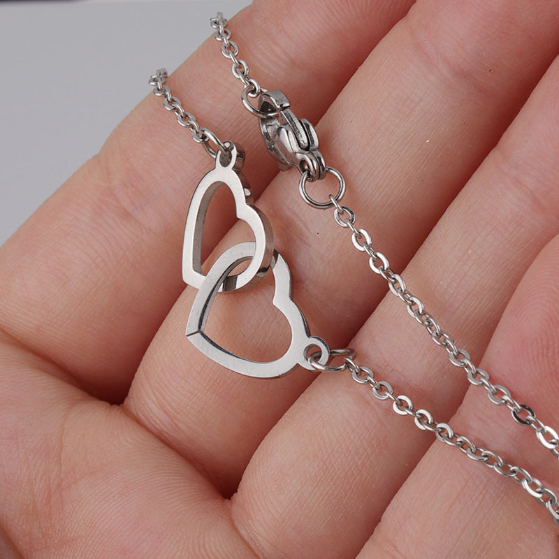 Interlocking Double Heart Pendant Titanium Steel Chain Necklace for Women Anniversary Valentines Day Jewelry Gift with Optional Spinning