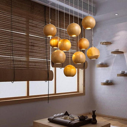 Natural Wood Sphere Pendant Light | Modern Globe Drop Ceiling Lamp for Kitchen Island, Dining Room, Living Room & Restaurant | Adjustable