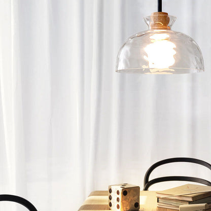 Hanging Ceiling Fixture Glass and Wood Shade Adjustable Cord E26 Socket for Bedroom Den Kitchen Dining Room Hallway
