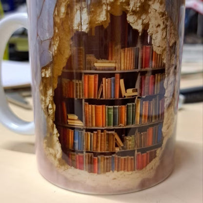 Ceramic Mug with 3D Bookshelf Wrap Design for Coffee Tea Hot Drinks Book Lovers Library Kitchen Microwave Dishwasher Safe Literary Gift