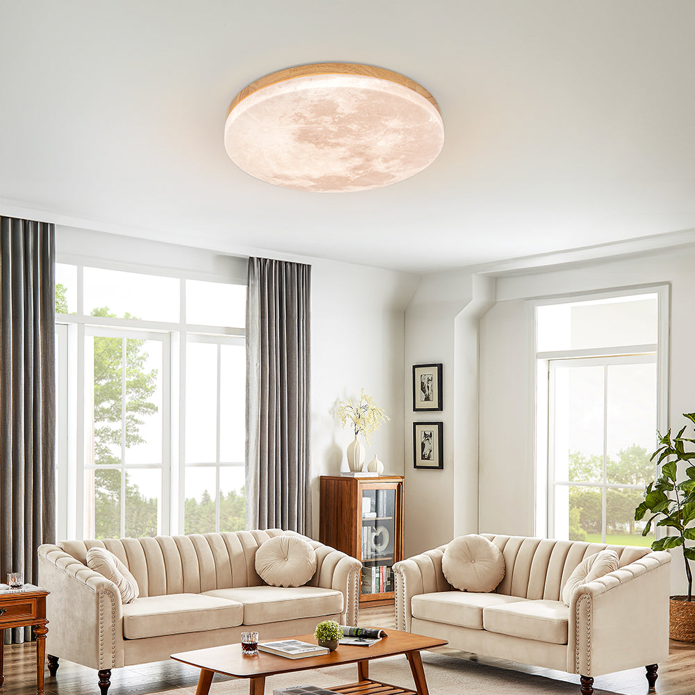 Round Flush Mount LED Fixture Moon Surface Wood & Acrylic 19 in Diameter Low Profile for Bedroom Living Room Hallway Ambient Lighting Japand
