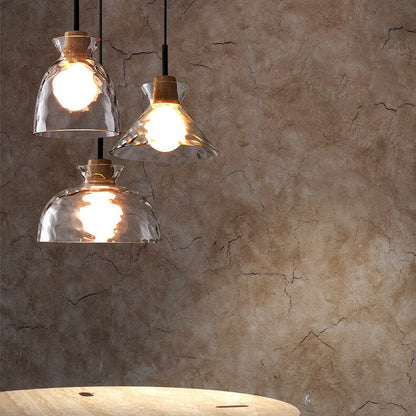 Hanging Ceiling Fixture Glass and Wood Shade Adjustable Cord E26 Socket for Bedroom Den Kitchen Dining Room Hallway