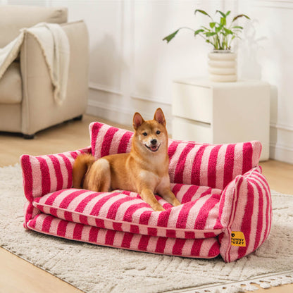 Plush Pet Couch with Washable Cover - Dual-Layer Cushioned Lounger for Dogs & Cats - Striped Fleece Nap Spot