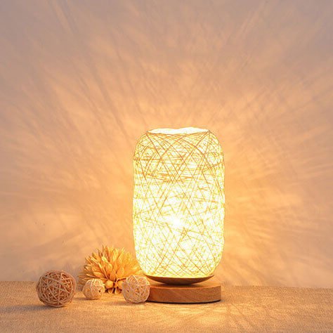 Woven Rattan Table Lamp with Wood Base & Metal Frame – Plug-In LED Desk Light for Bedroom, Living Room & Office