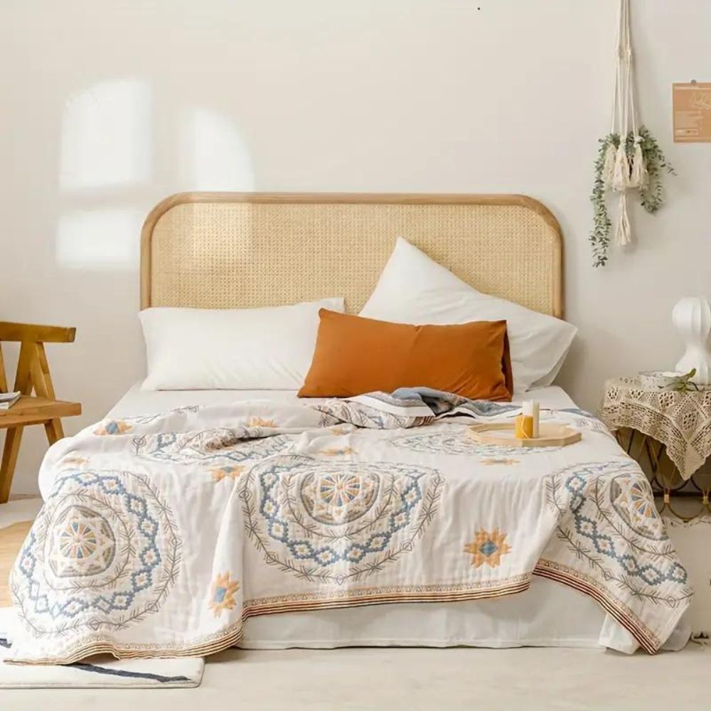 Cotton Throw Blanket with Mandala Pattern – Boho Geometric Design for Couch, Bed, Sofa – Lightweight Woven Coverlet for Living Room or