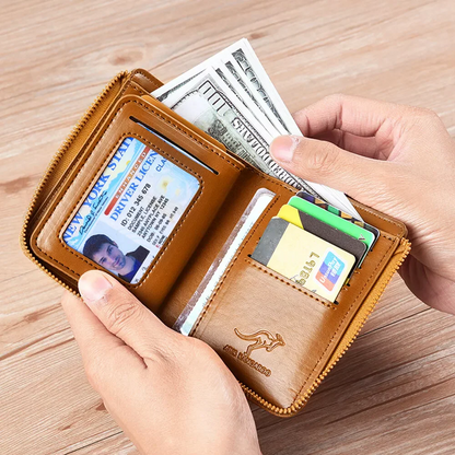 Zipper Bifold Wallet with RFID Protection 14 Card Slots Cash Pocket Vintage Leather for Men Daily Carry Travel Organization