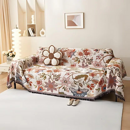 Carmen Floral Throw Blanket - Soft Polyester Cotton Blend, Rustic Tassels