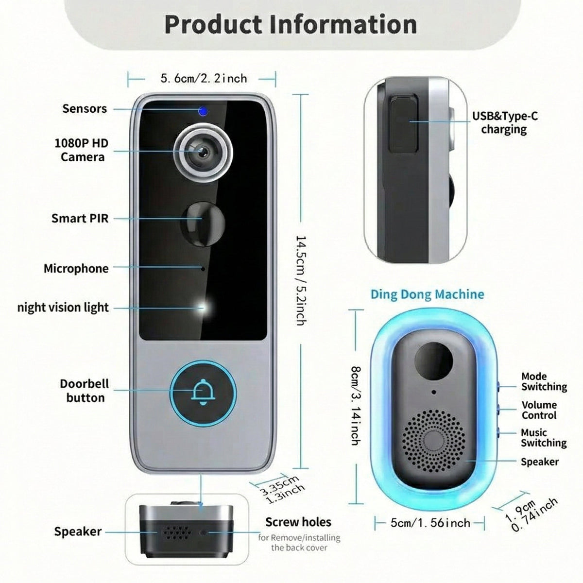 Smart Video Doorbell with HD Camera, Night Vision & Two-Way Audio – Wireless, Battery Powered, Weatherproof Security for Front Door &