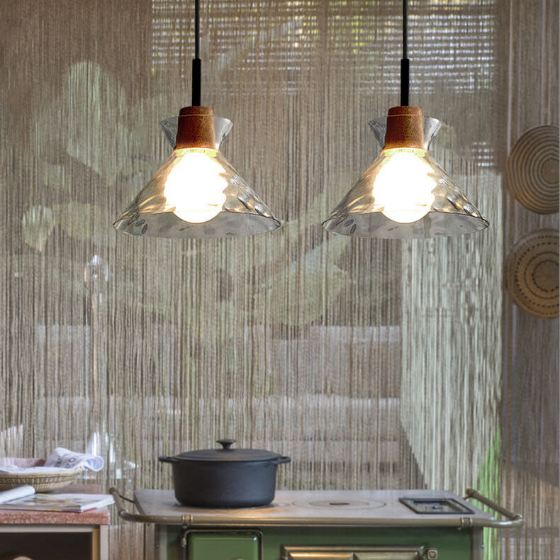 Hanging Ceiling Fixture Glass and Wood Shade Adjustable Cord E26 Socket for Bedroom Den Kitchen Dining Room Hallway