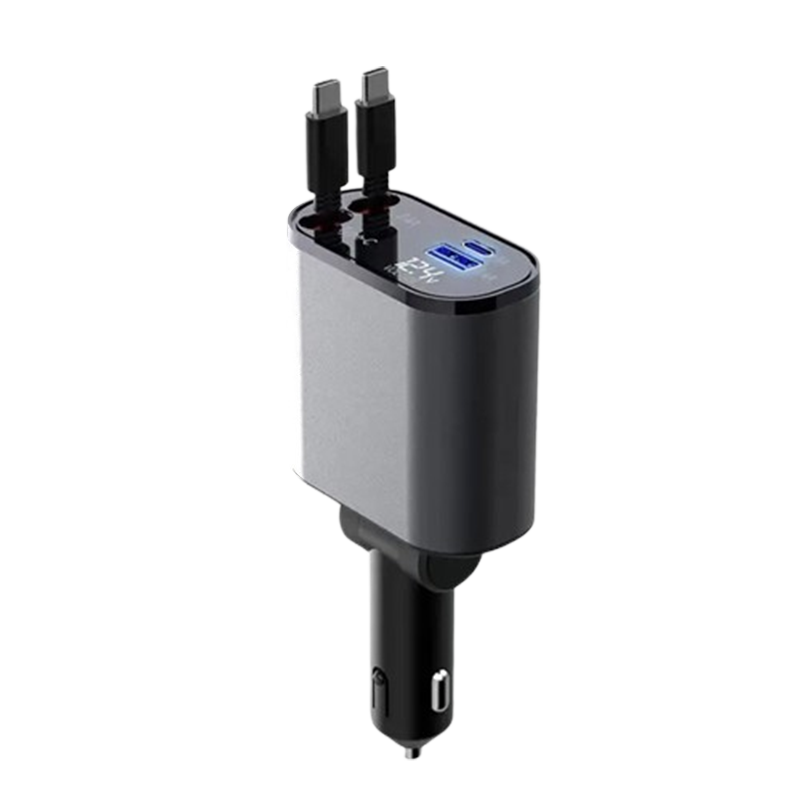Retractable Car Charger with Dual Ports – Fast Charging Cable for iPhone & Android – 31 in Auto-Rewind USB Adapter