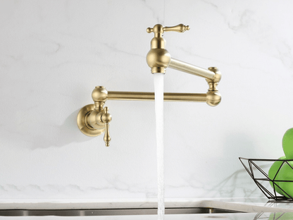 Wall-Mount Dual-Handle Kitchen Faucet for Pots – Brass Construction with Hot & Cold Lines – Chrome, Brushed Nickel, Black & Antique Brass Fi