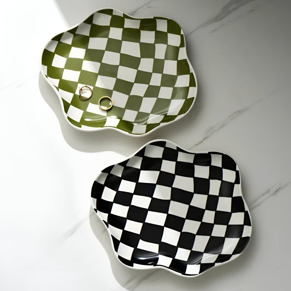 Cleo Checkered Plate - Durable Ceramic, Wavy Checkerboard Tray