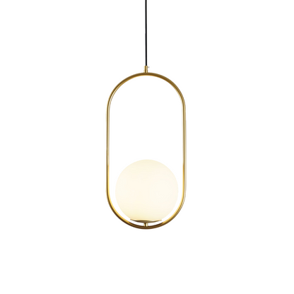Curved Glass Hanging Fixture with Metal Frame – 15W Suspended Lighting for Contemporary Interiors – Amber Globe Shade Ceiling Mount for Dini