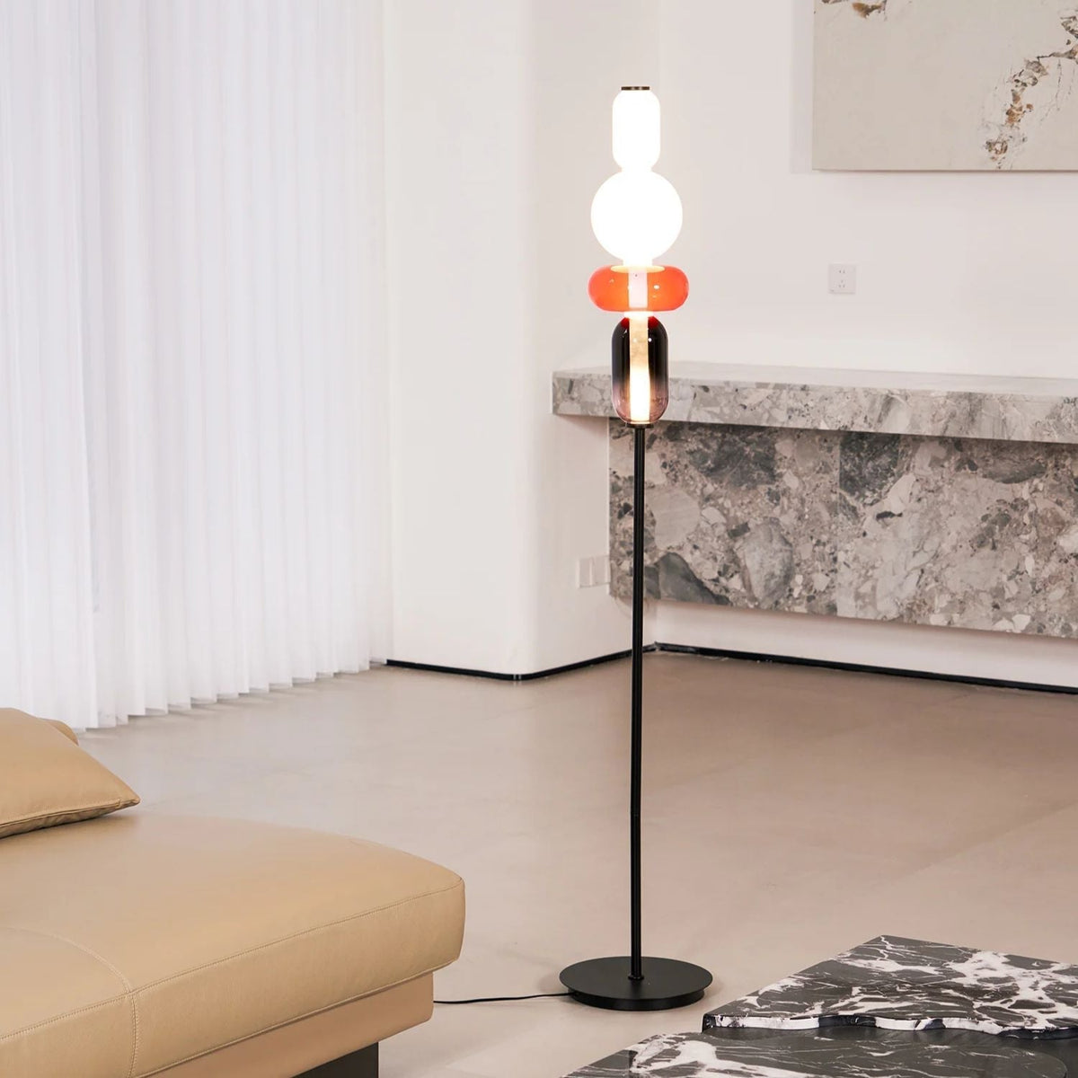 Artisan Glass Standing Lamp 63 in Red White Black Accent Light for Living Room Contemporary Sculptural Décor LED Uplight Statement Piece