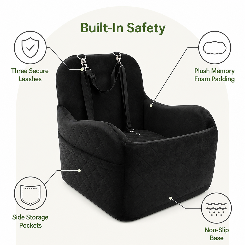 Ortekor Plush Memory Foam Dog Car Seat (3 Clip-On Safety Leashes)