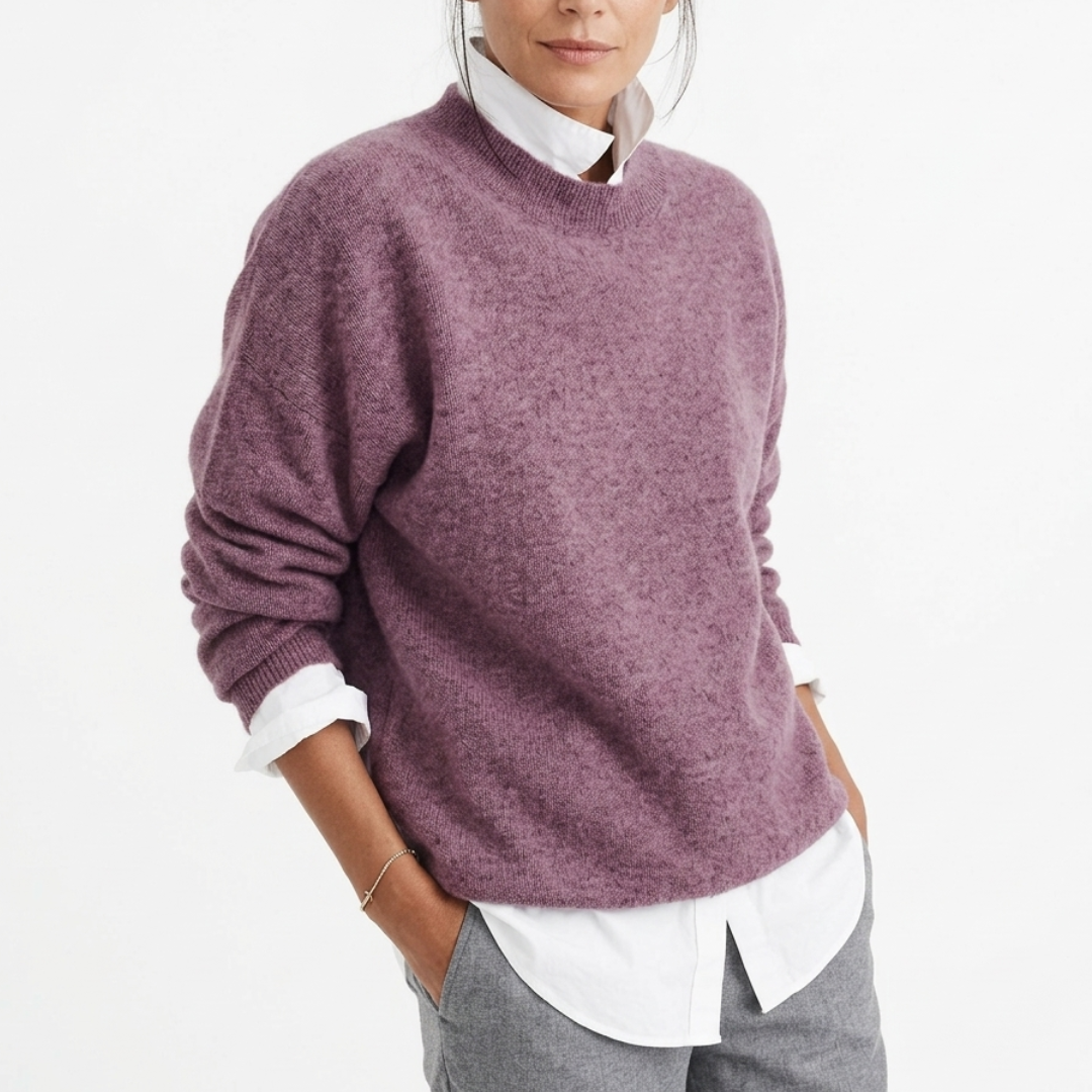Women's Relaxed Pullover Sweater in Soft Polyester – Crew Neck Long Sleeve Casual Top for Everyday Comfort & Layering Year-Round
