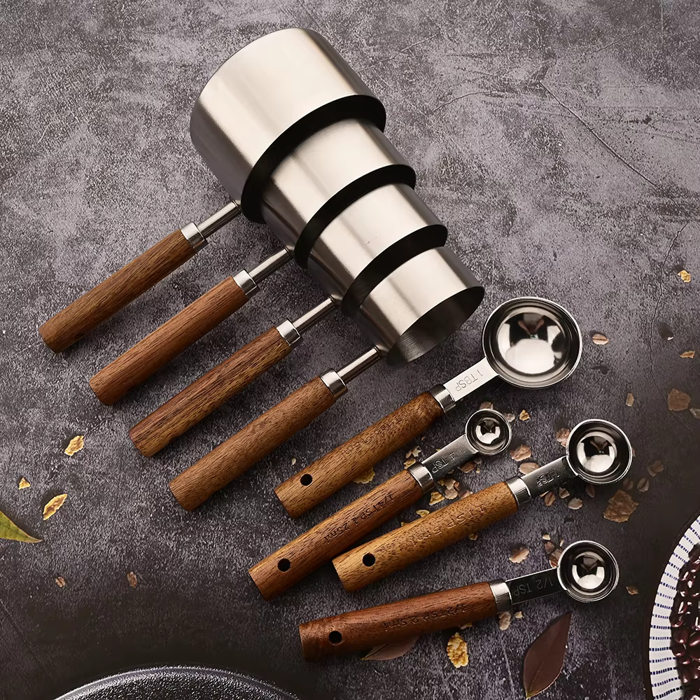 Stainless Steel Measuring Cup and Spoon Set with Oak Handles 8-Piece Kitchen Portion Tool for Baking Cooking Coffee and Meal Prep