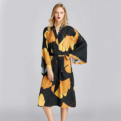 Bamboo Bathrobe - Lightweight Polyester, Ginkgo Leaf Print
