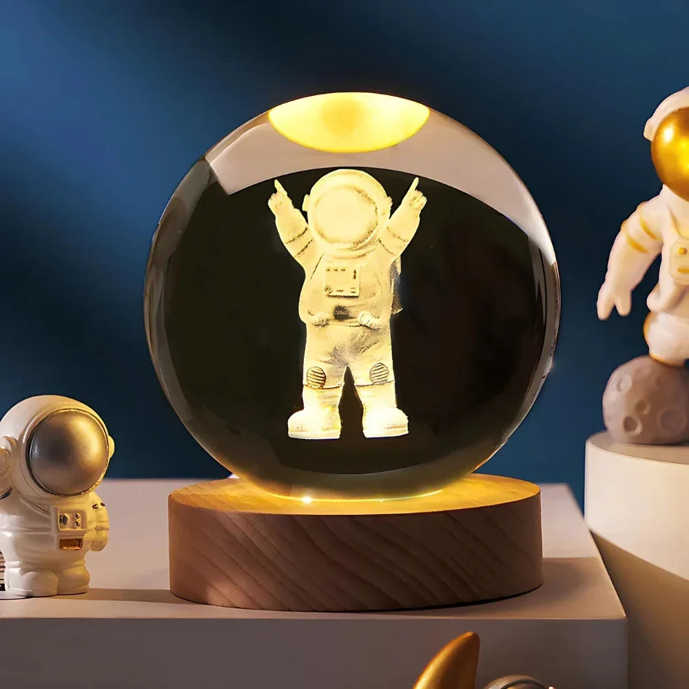 3D Engraved Crystal Planet Sphere Night Light on Wood Base USB Powered Desk Lamp Warm White LED Glow for Bedroom Living Room Nursery Space
