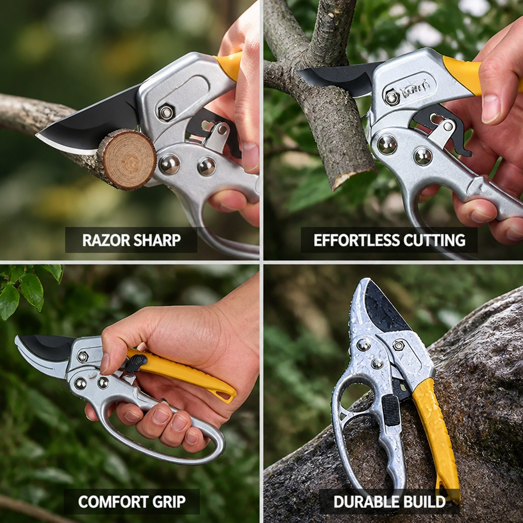 Ratchet Pruning Shears with SK5 Steel Blade & Non-Slip Ergonomic Handle for Garden Pruning