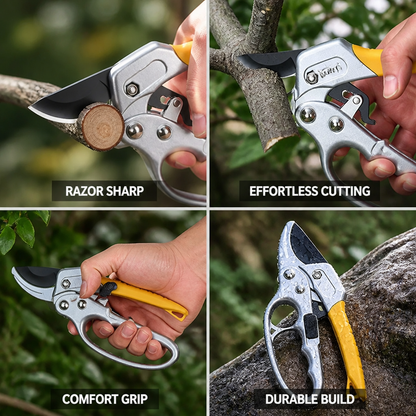 Ratchet Pruning Shears with SK5 Steel Blade & Non-Slip Ergonomic Handle for Garden Pruning