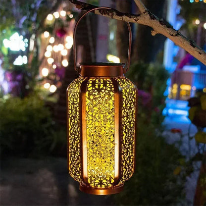 Openwork Metal Solar Lantern 9.3 in Hanging or Tabletop Garden Patio Light Outdoor Decorative Moroccan-Inspired Design for Porch Balcony Pat