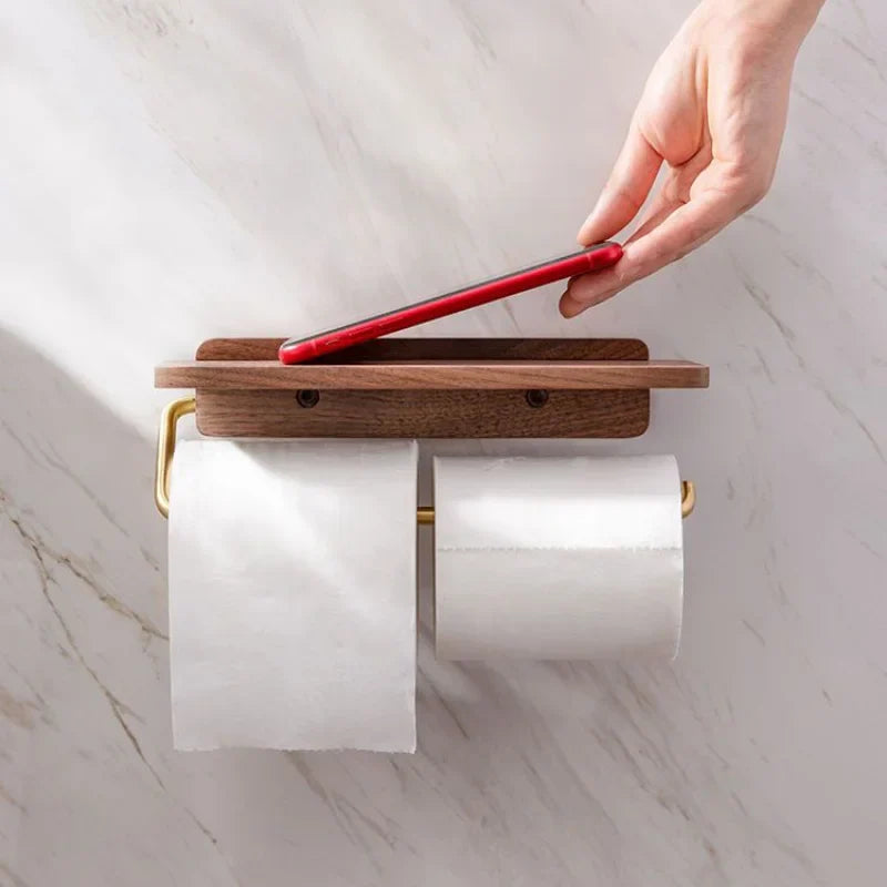 Bathroom Tissue Dispenser with Storage Shelf | Space-Saving Wood Wall Mount for Small Powder Rooms, En-Suites & Modern Restrooms | Natural W