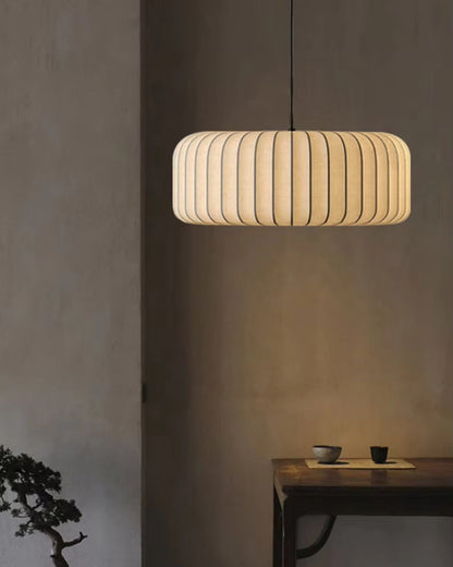 Fabric Drum Shade Hanging Light 22-Inch Neutral Tone for Dining Room Kitchen Island Modern Japandi Style E27 Socket