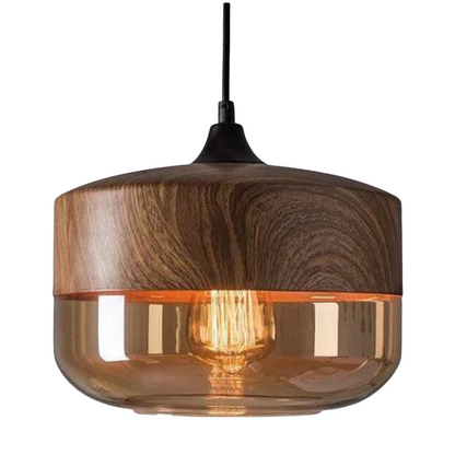 Glass Pendant Light with Wood-Look Metal – Scandinavian Hanging Fixture for Dining Room, Bedroom & Living Room
