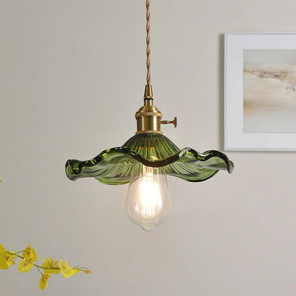 Glass Ceiling Light with Sculptural Ripple Edge – 9 in Hanging Fixture with Metal Hardware for Kitchen, Dining Area, or Bedroom – Adjustable