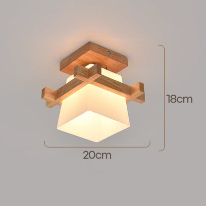 Square Flush Mount Ceiling Light Fixture with Wood Accent, White Shade, E27 Socket for Bedroom, Hallway, Living Room, Minimalist Home Lighti