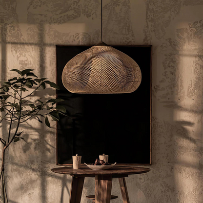 Woven Rattan Ceiling Light Fixture E26 Natural Boho Hanging Lamp for Dining Kitchen Island Bedroom Ambient Lighting Handcrafted Organic Text