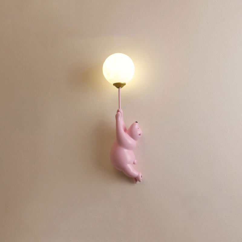 Bear with Balloon Wall Sconce Light for Kids Room Nursery Bedroom Playroom Resin Animal Design Accent Lighting White Blue Pink